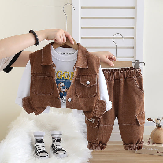 Boys Brown Denim Vest Outfit Set