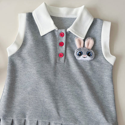 Girls Sleeveless Tennis Dress, Bunny Patch, Red Stripe Detail