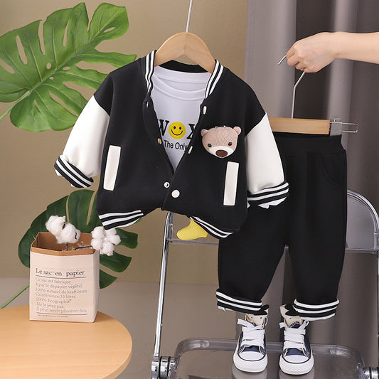 Boys jacket with a plush bear, matching pants for a sporty look.(3piece set)