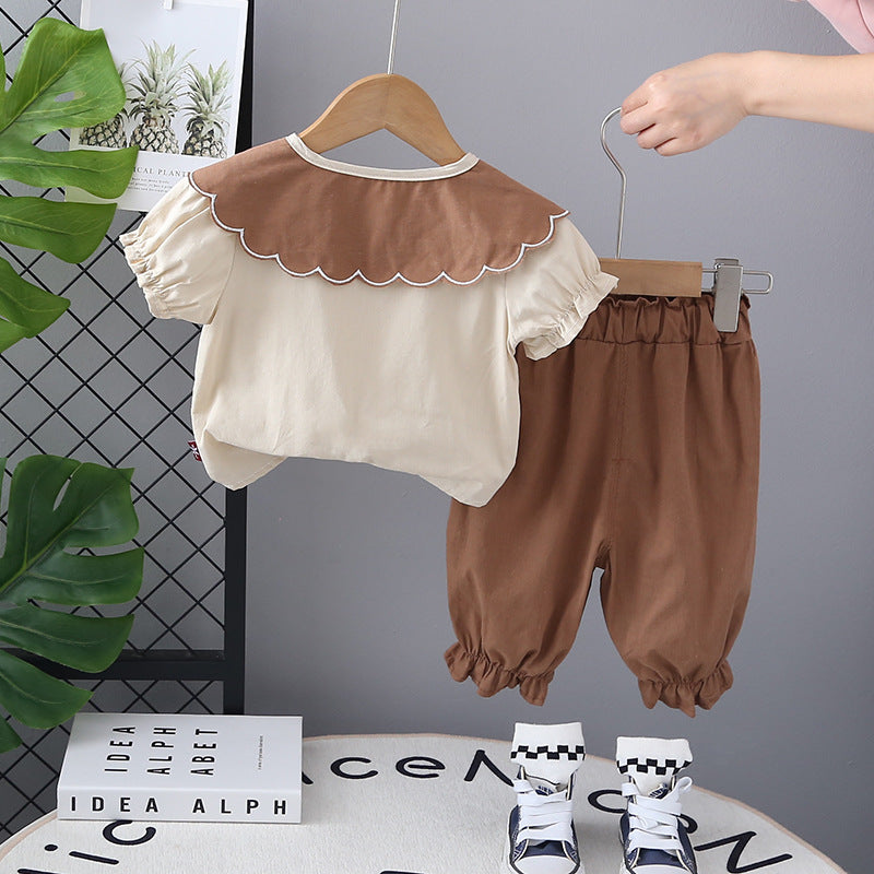 Summer Two-Piece Lace Collar,Trousers Girls' Short Sleeve suit