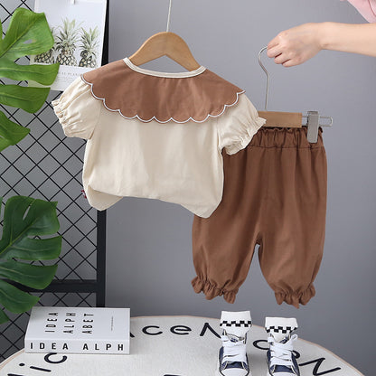 Summer Two-Piece Lace Collar,Trousers Girls' Short Sleeve suit