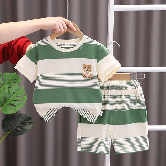 Boys Striped Bear Patch Short Sleeve Set