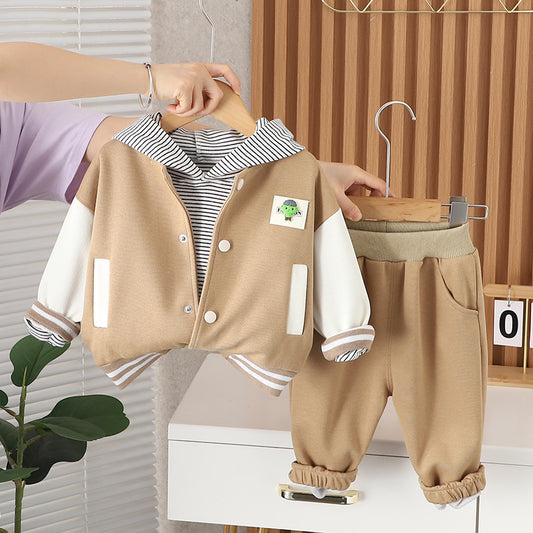 varsity jacket with a striped hood and pants for a trendy  look.