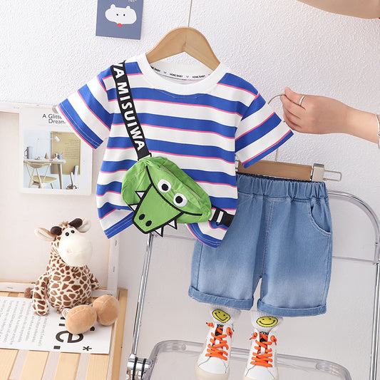 Boys Blue stripe T shirt and Half pant with crocodile-shaped crossbody bag