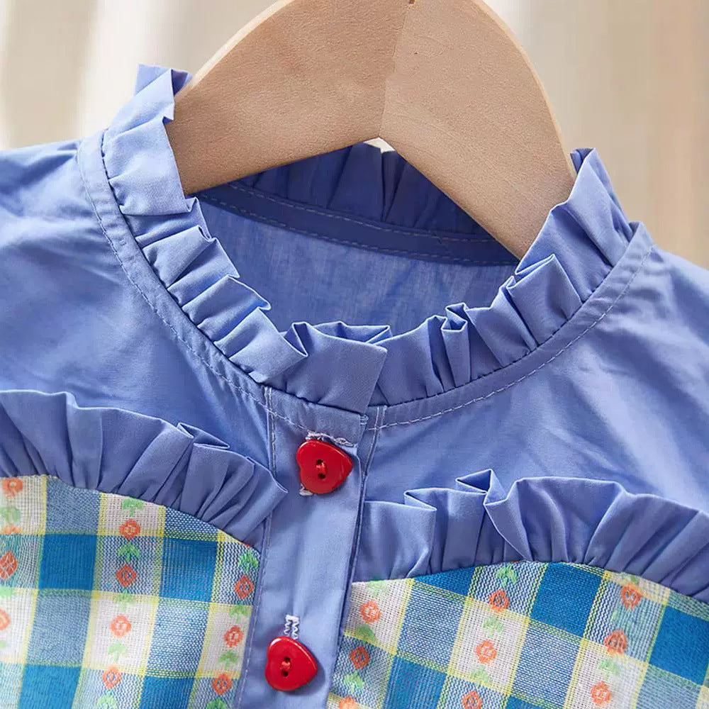 girl Blue Gingham Ruffle Top with Black Flared Pants Set
