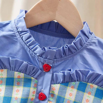 girl Blue Gingham Ruffle Top with Black Flared Pants Set