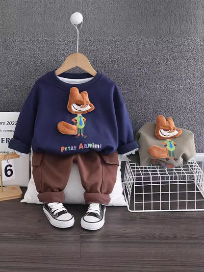 boys two-piece outfit featuring sweatshirt with a 3D fox applique cargo pants