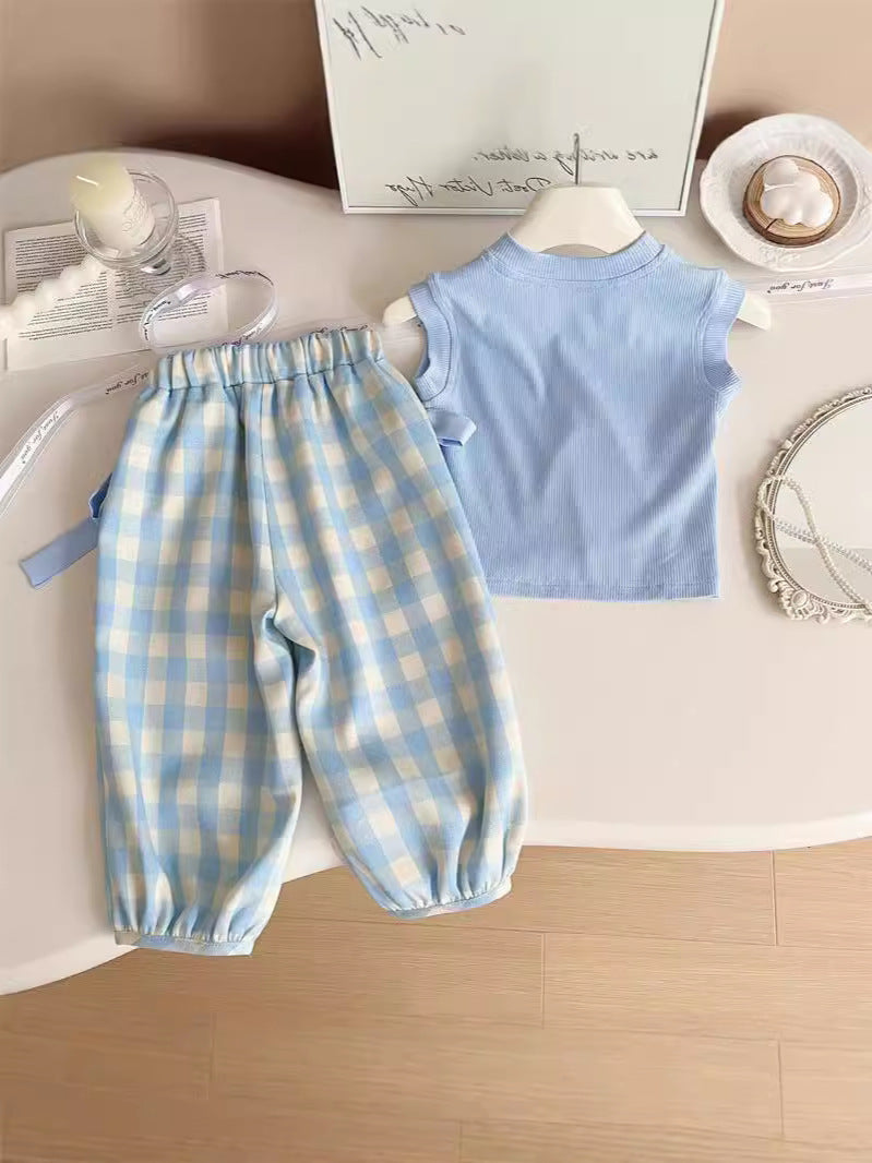 Girls sleeveless T-shirt + plaid pants set