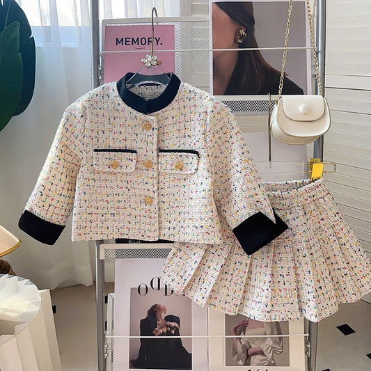 Girls Cropped Jacket with Pleated Skirt, White Multi-Color