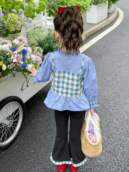 girl Blue Gingham Ruffle Top with Black Flared Pants Set