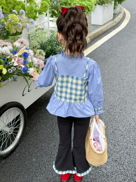 girl Blue Gingham Ruffle Top with Black Flared Pants Set