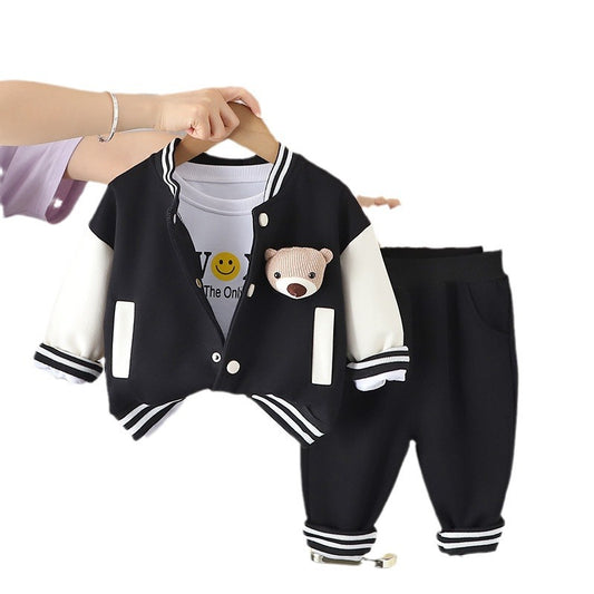 Boys jacket with a plush bear, matching pants for a sporty look.(3piece set)