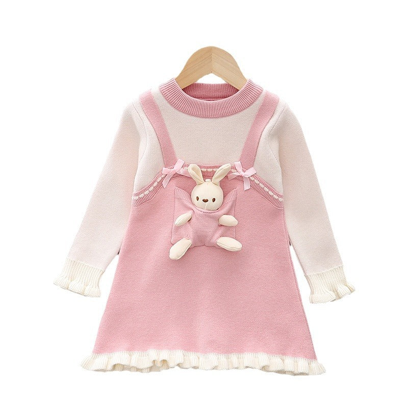 Girls Knit Sweater Dress with Bunny Detail, Pink and White, Long Sleeve