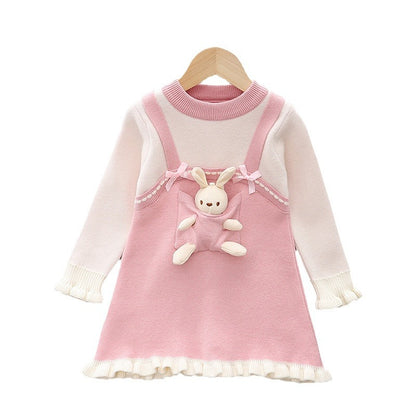 Girls Knit Sweater Dress with Bunny Detail, Pink and White, Long Sleeve