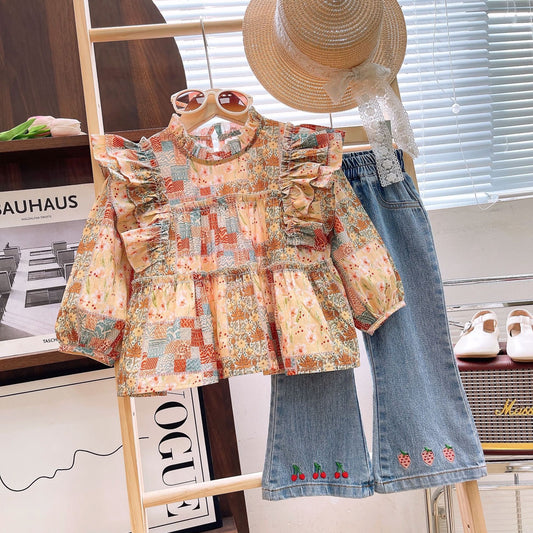 Girls Ruffle Blouse and Embroidered Denim Set