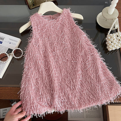 Girls Fringe Party Dress, Sleeveless A-Line, Pink