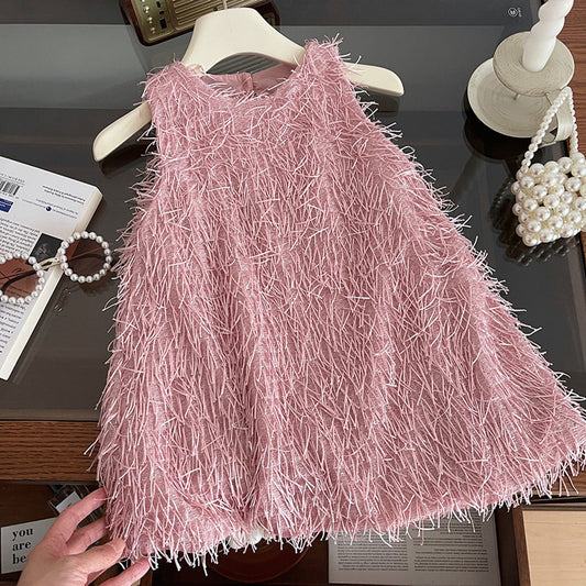 Girls Fringe Party Dress, Sleeveless A-Line, Pink