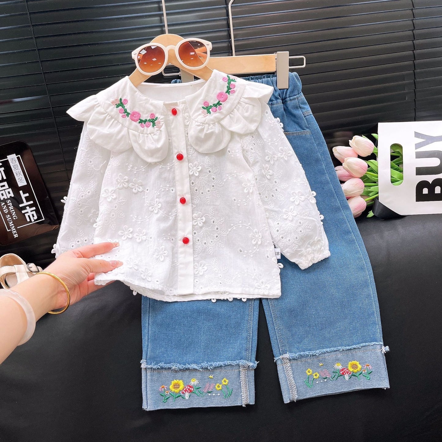 Floral Embroidered Blouse & Denim Jeans Set