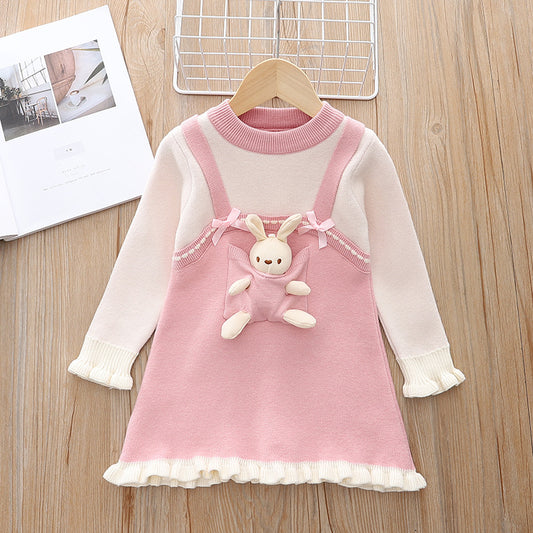 Girls Knit Sweater Dress with Bunny Detail, Pink and White, Long Sleeve