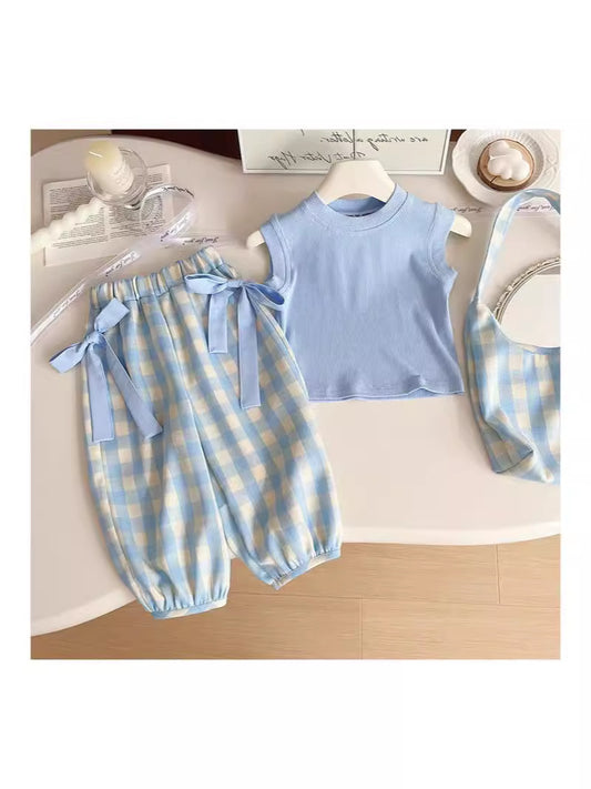 Girls sleeveless T-shirt + plaid pants set