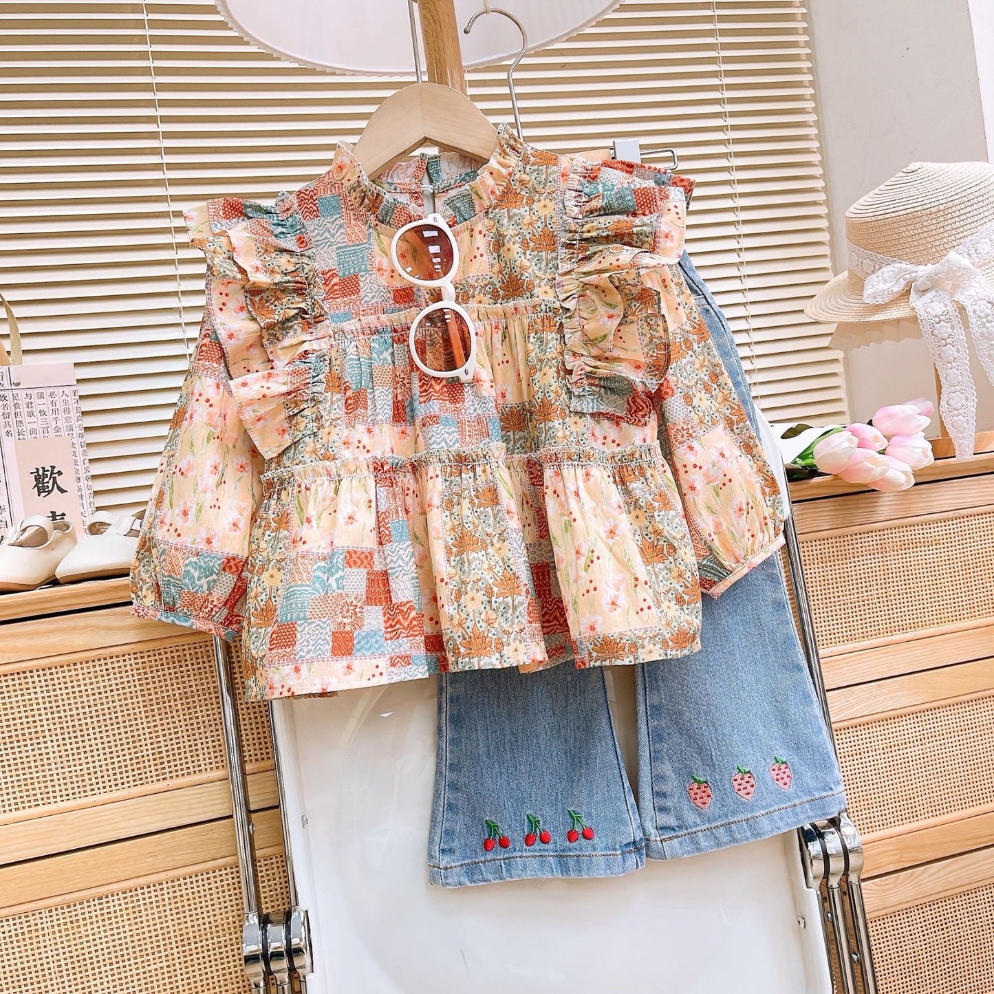 Girls Ruffle Blouse and Embroidered Denim Set