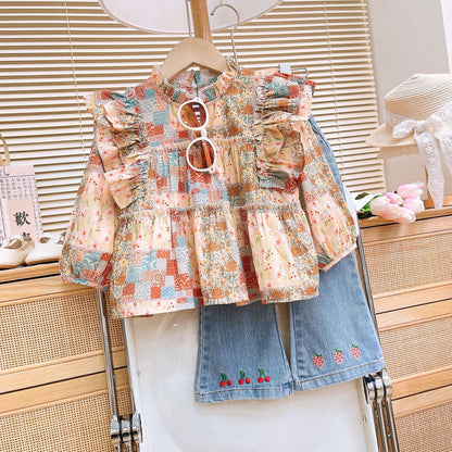 Girls Ruffle Blouse and Embroidered Denim Set