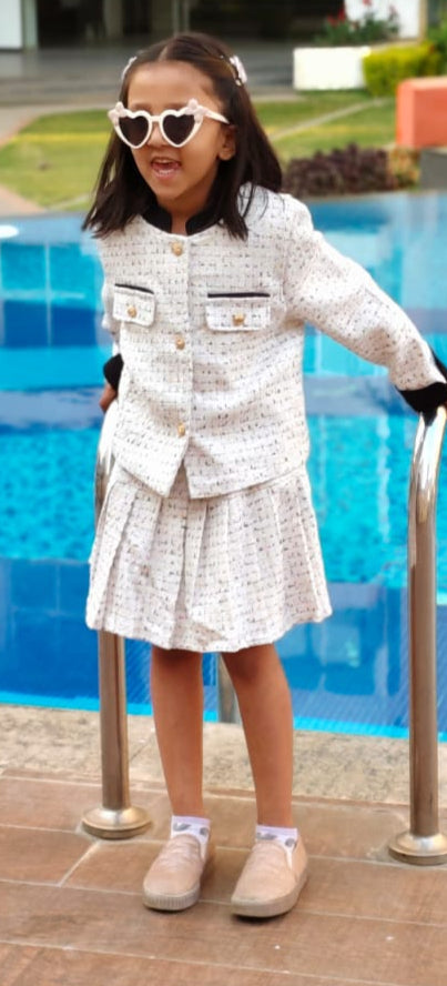 Girls Cropped Jacket with Pleated Skirt, White Multi-Color