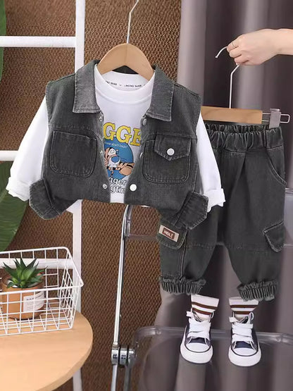 Boys Brown Denim Vest Outfit Set