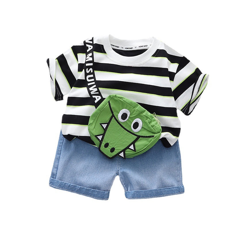 Boys Blue stripe T shirt and Half pant with crocodile-shaped crossbody bag